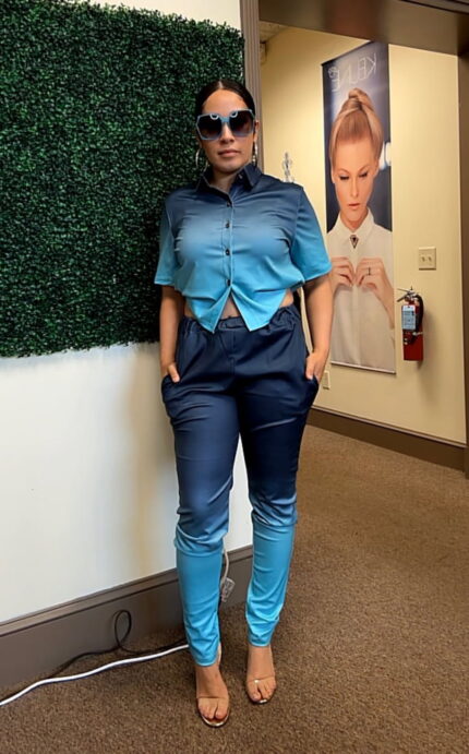 Ombre Color Black Butten Shirt Fashion Style (Blue)
